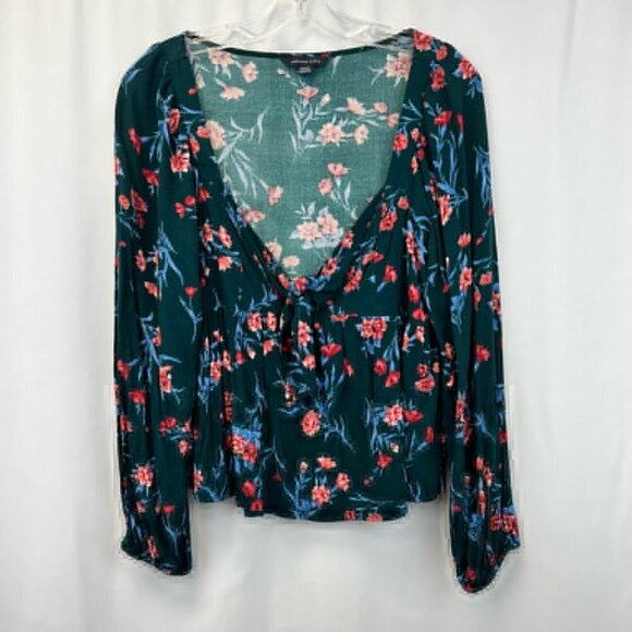 American Eagle Womens Blouse Multicolor Floral Long Sleeve V Neck Tie Pullover M - Picture 1 of 11